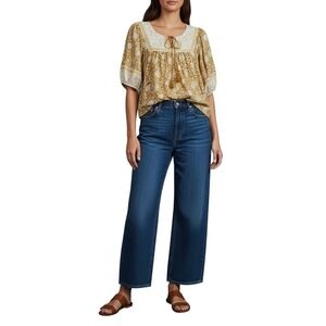 Old Navy Women's XL Boho Floral Print Tassel Peasant Blouse Top Mustard Yellow